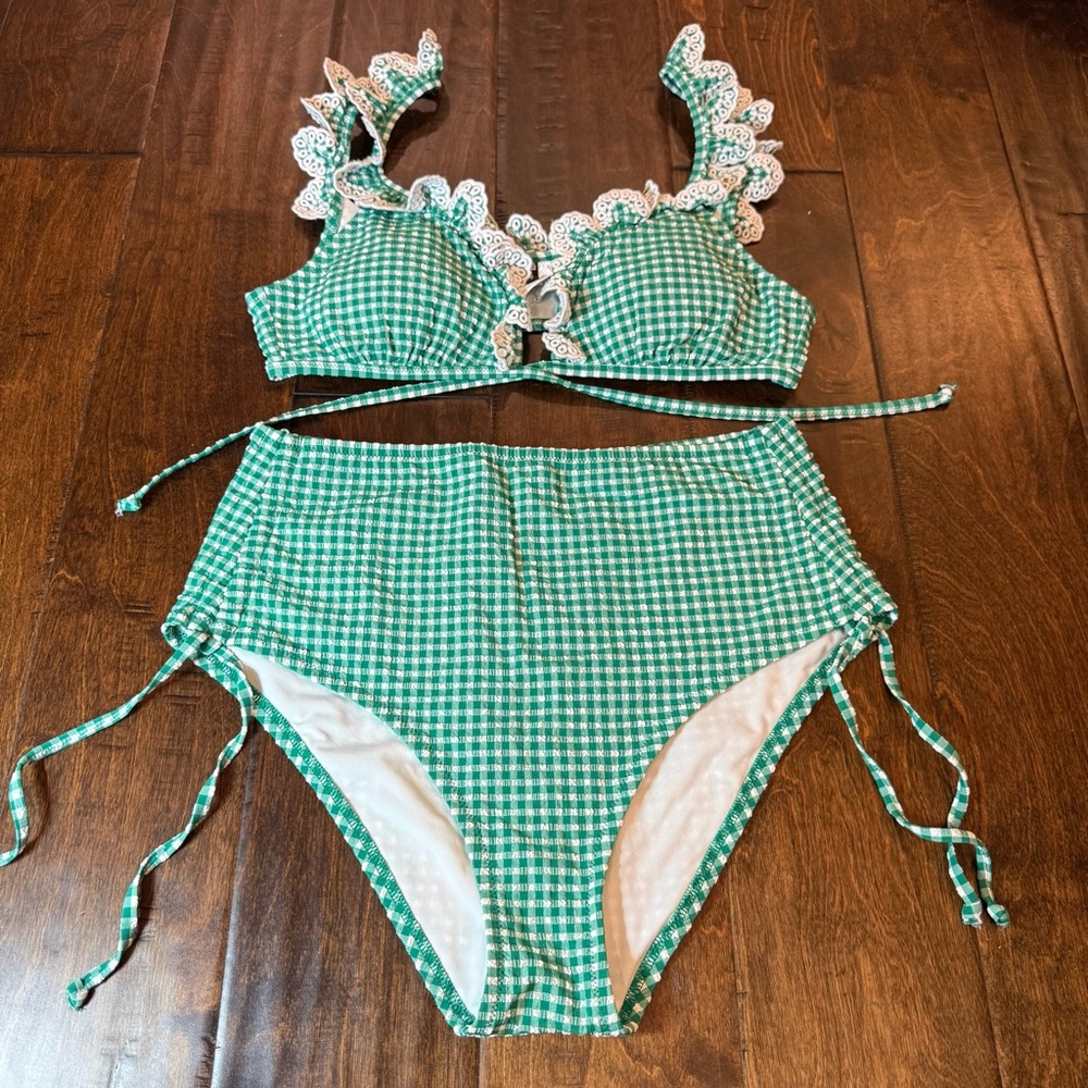 J. Crew Scalloped Ruffle Bikini Top and High Waist Cinch Swim Bottom Gingham Set